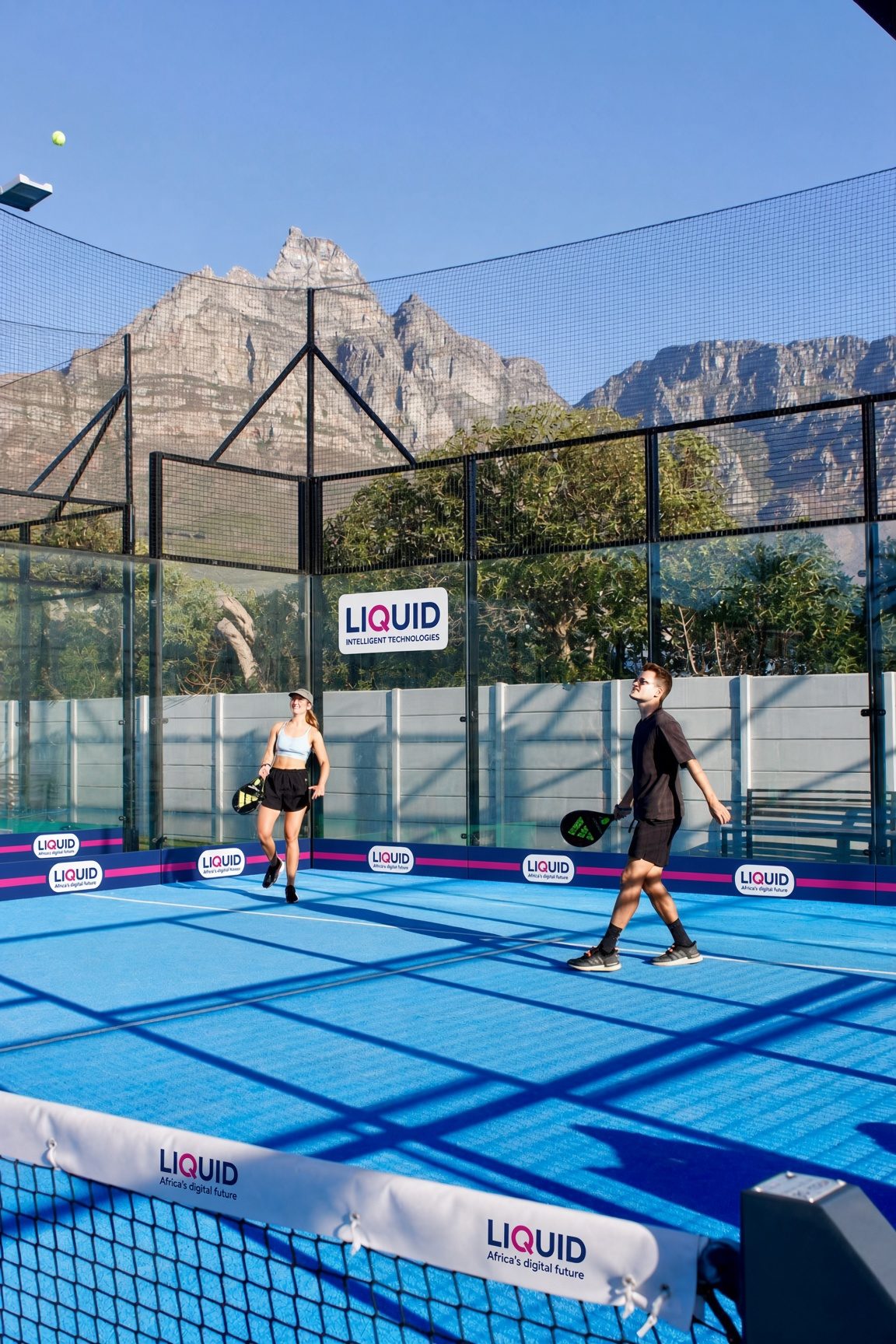 Players on a branded padel court, mountain behind the glass