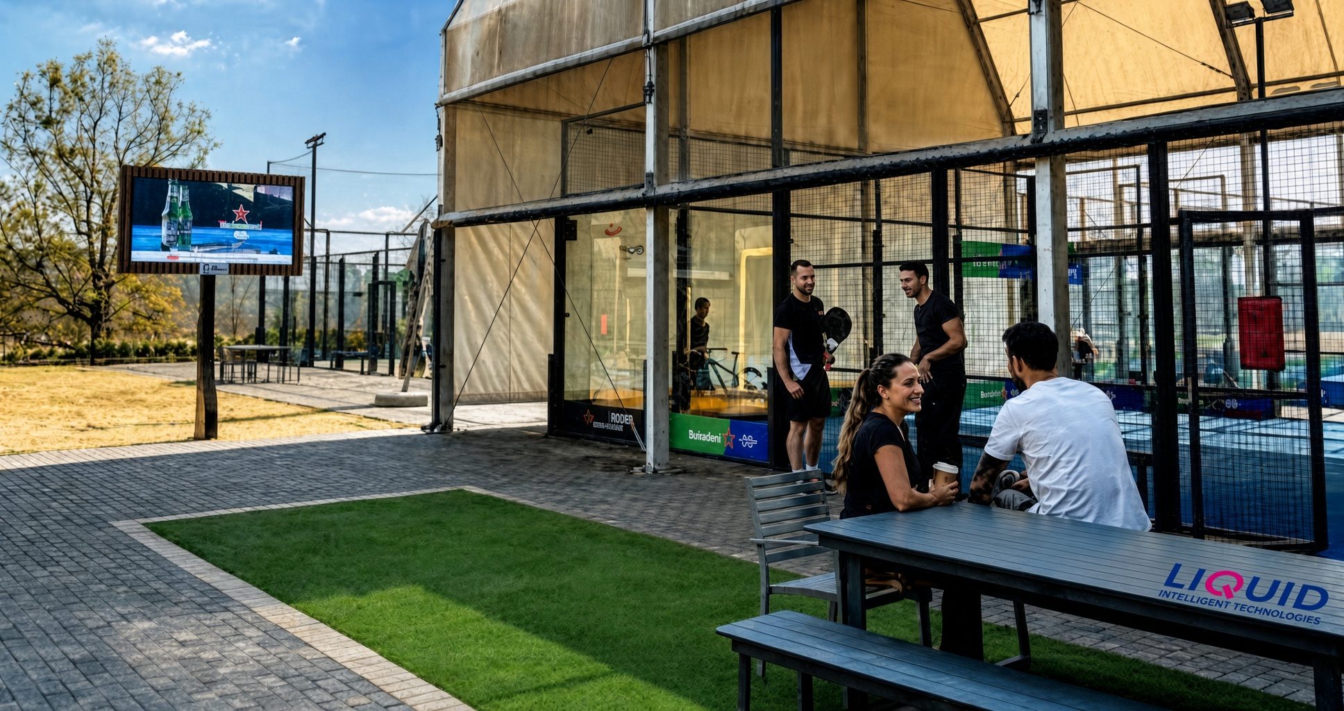 Sponsored table beside an outdoor padel club